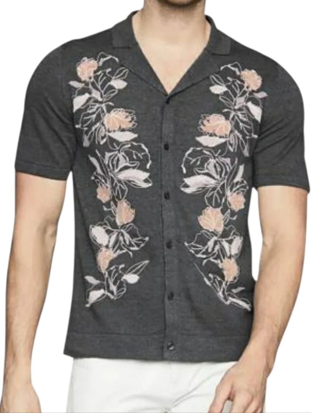 Reiss Hernandez Short Sleeve Floral Embroidered Shirt Mens Large Linen